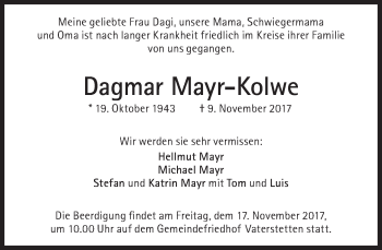 Traueranzeige von Dagmar Mayr-Kolwe von Süddeutsche Zeitung