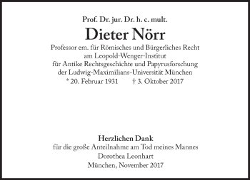 Traueranzeige von Dieter Nörr von Süddeutsche Zeitung