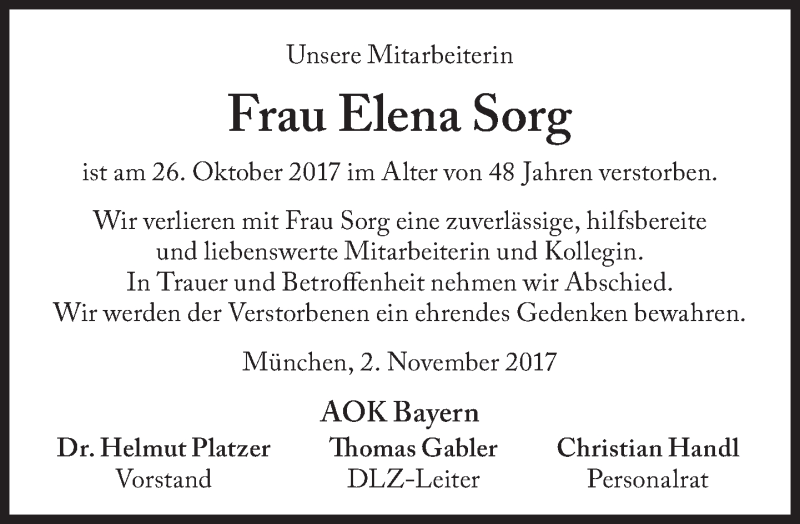  Traueranzeige für Elena Sorg vom 02.11.2017 aus Süddeutsche Zeitung