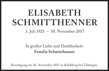 Traueranzeige von Elisabeth Schmitthenner von Süddeutsche Zeitung