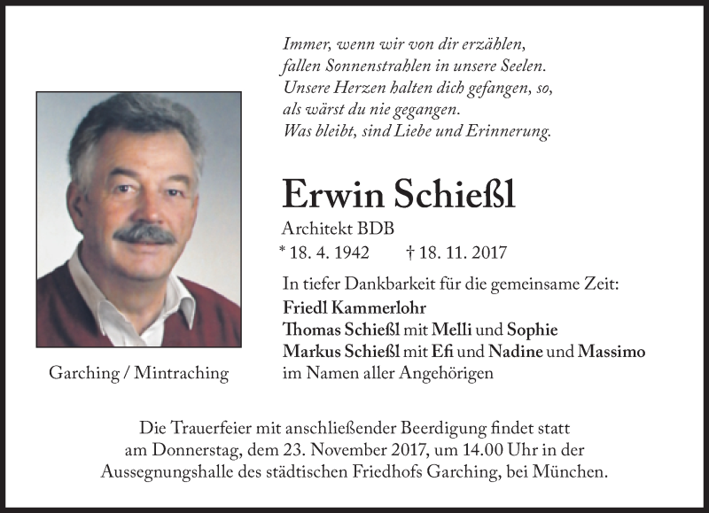 Traueranzeige für Erwin Schießl vom 22.11.2017 aus Süddeutsche Zeitung