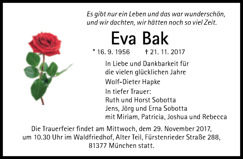  Traueranzeige für Eva Bak vom 25.11.2017 aus Süddeutsche Zeitung