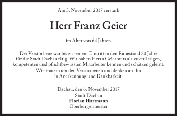Traueranzeige von Franz Geier von Süddeutsche Zeitung