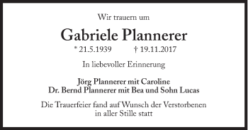 Traueranzeige von Gabriele Plannerer von Süddeutsche Zeitung