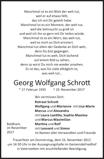 Traueranzeige von Georg Wolfgang Schrott von Süddeutsche Zeitung