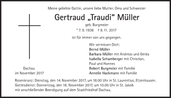 Traueranzeige von Gertraud Traudi Müller von Süddeutsche Zeitung
