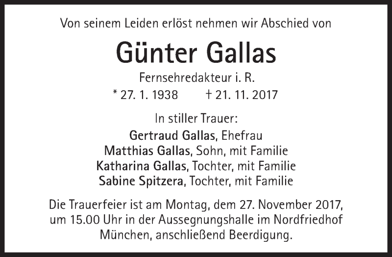  Traueranzeige für Günter Gallas vom 25.11.2017 aus Süddeutsche Zeitung