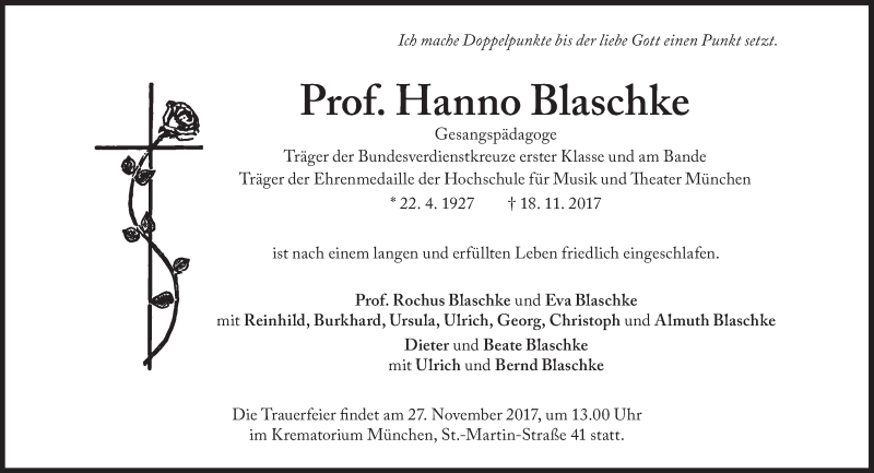  Traueranzeige für Hanno Blaschke vom 24.11.2017 aus Süddeutsche Zeitung