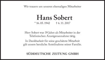 Traueranzeige von Hans Sobert von Süddeutsche Zeitung