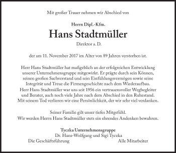 Traueranzeige von Hans Stadtmüller von Süddeutsche Zeitung