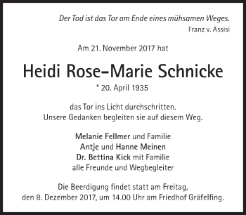 Traueranzeige von Heidi Rose-Marie Schnicke von Süddeutsche Zeitung