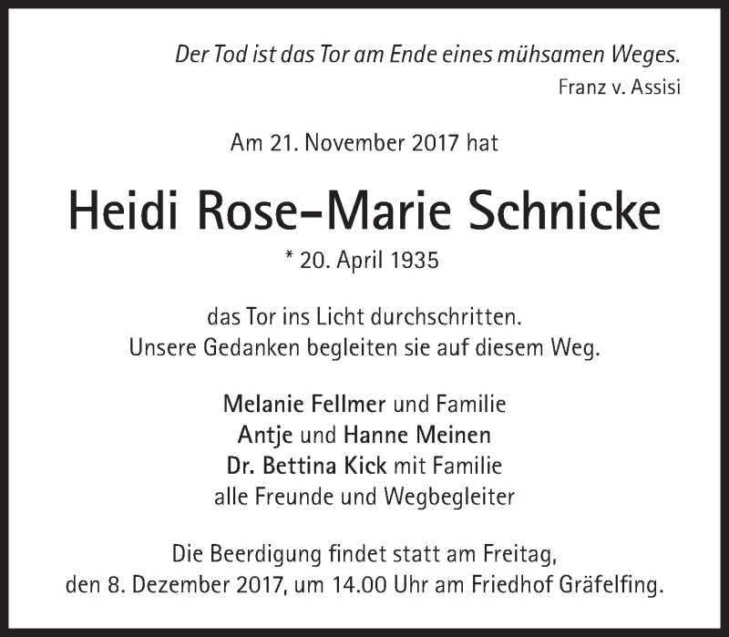  Traueranzeige für Heidi Rose-Marie Schnicke vom 25.11.2017 aus Süddeutsche Zeitung