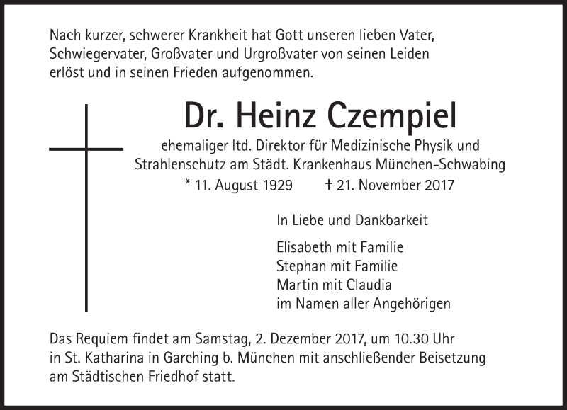  Traueranzeige für Heinz Czempiel vom 25.11.2017 aus Süddeutsche Zeitung