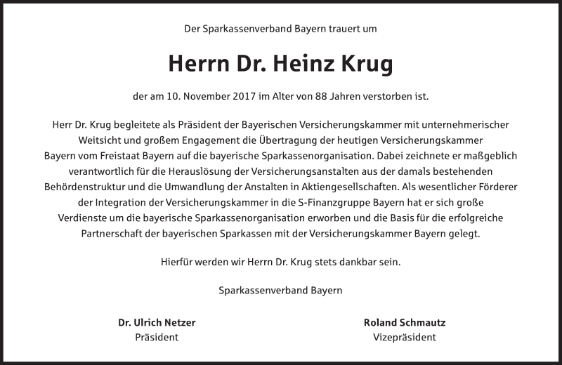  Traueranzeige für Heinz Krug vom 15.11.2017 aus Süddeutsche Zeitung