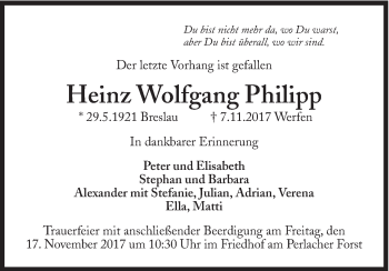 Traueranzeige von Heinz Wolfgang Philipp von Süddeutsche Zeitung