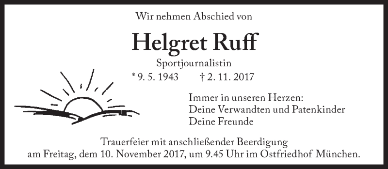  Traueranzeige für Helgret Ruff vom 08.11.2017 aus Süddeutsche Zeitung