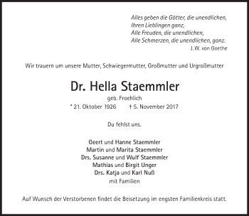 Traueranzeige von Hella Staemmler von Süddeutsche Zeitung