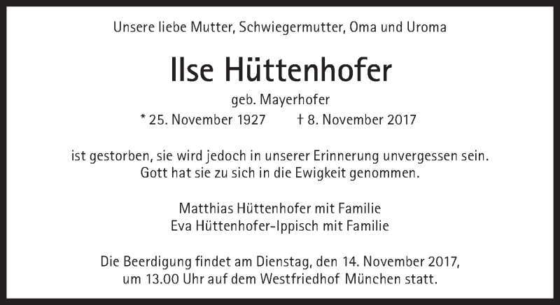  Traueranzeige für Ilse Hüttenhofer vom 11.11.2017 aus Süddeutsche Zeitung