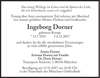 Traueranzeige von Ingeborg Dorner von Süddeutsche Zeitung