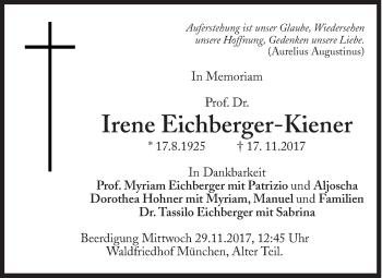 Traueranzeige von Irene Eichberger-Kiener von Süddeutsche Zeitung