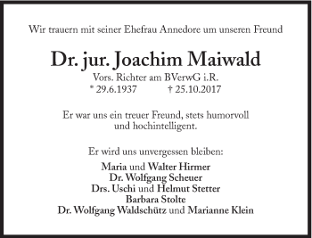 Traueranzeige von Joachim Maiwald von Süddeutsche Zeitung