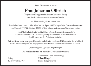 Traueranzeige von Johanna Olbrich von Süddeutsche Zeitung