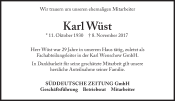 Traueranzeige von Karl Wüst von Süddeutsche Zeitung