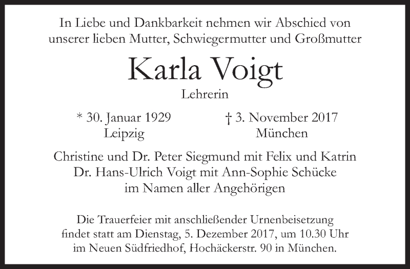  Traueranzeige für Karla Voigt vom 25.11.2017 aus Süddeutsche Zeitung