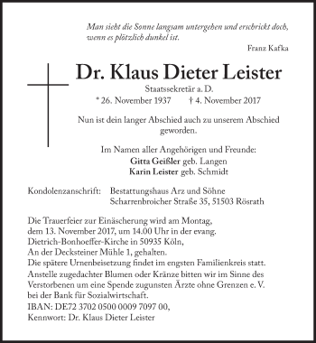Traueranzeige von Klaus Dieter Leister von Süddeutsche Zeitung