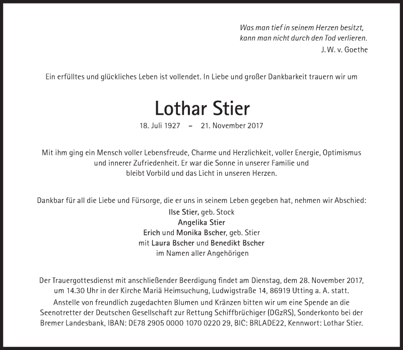  Traueranzeige für Lothar Stier vom 25.11.2017 aus Süddeutsche Zeitung
