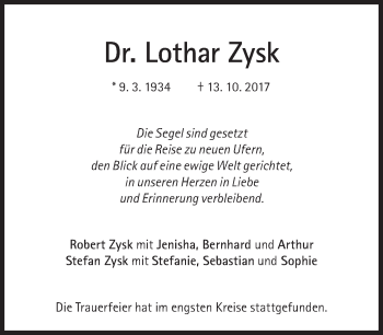 Traueranzeige von Lothar Zysk von Süddeutsche Zeitung