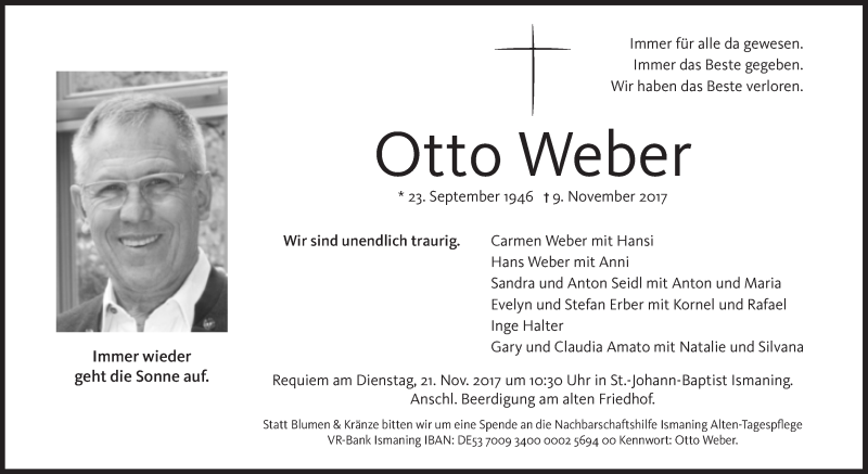  Traueranzeige für Otto Weber vom 18.11.2017 aus Süddeutsche Zeitung