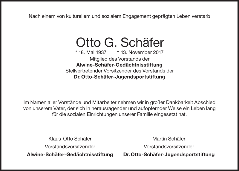  Traueranzeige für Otto G. Schäfer vom 18.11.2017 aus Süddeutsche Zeitung