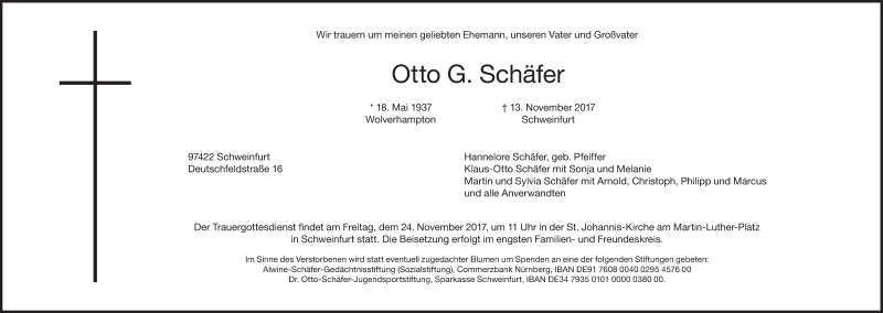  Traueranzeige für Otto G. Schäfer vom 18.11.2017 aus Süddeutsche Zeitung
