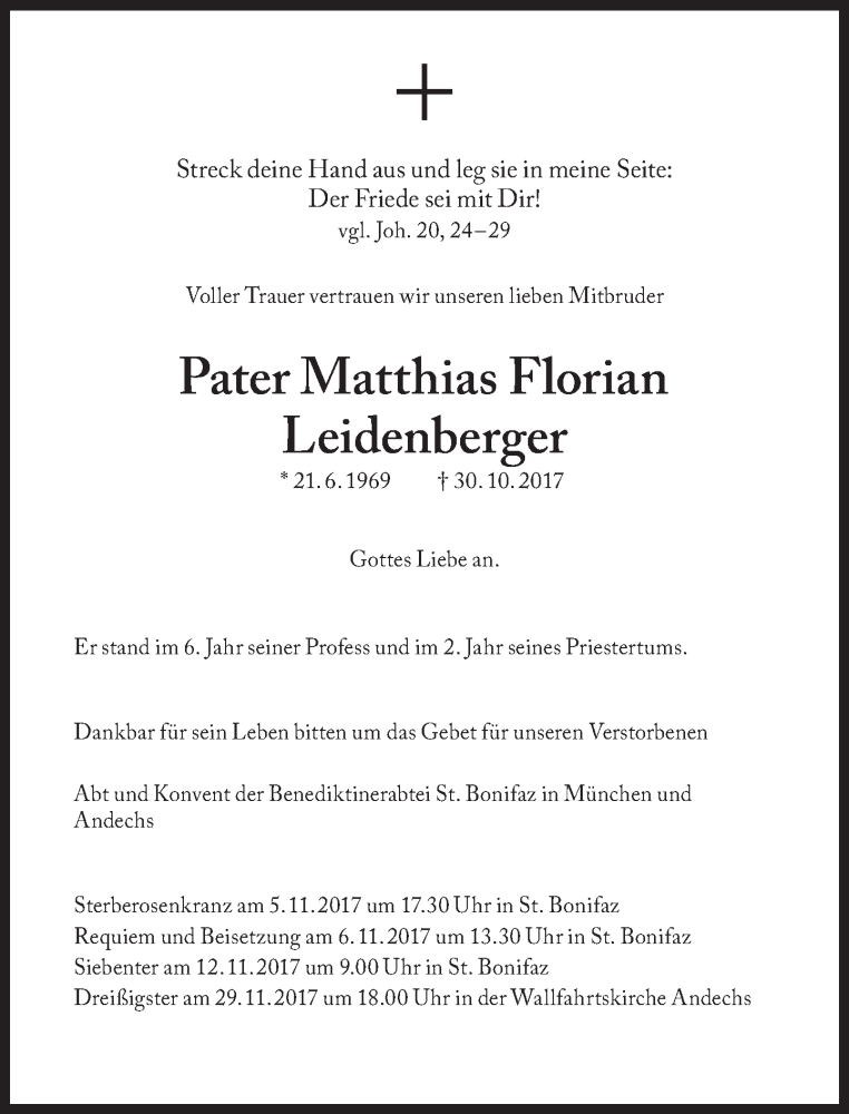  Traueranzeige für Pater Matthias Florian Leidenberger vom 03.11.2017 aus Süddeutsche Zeitung