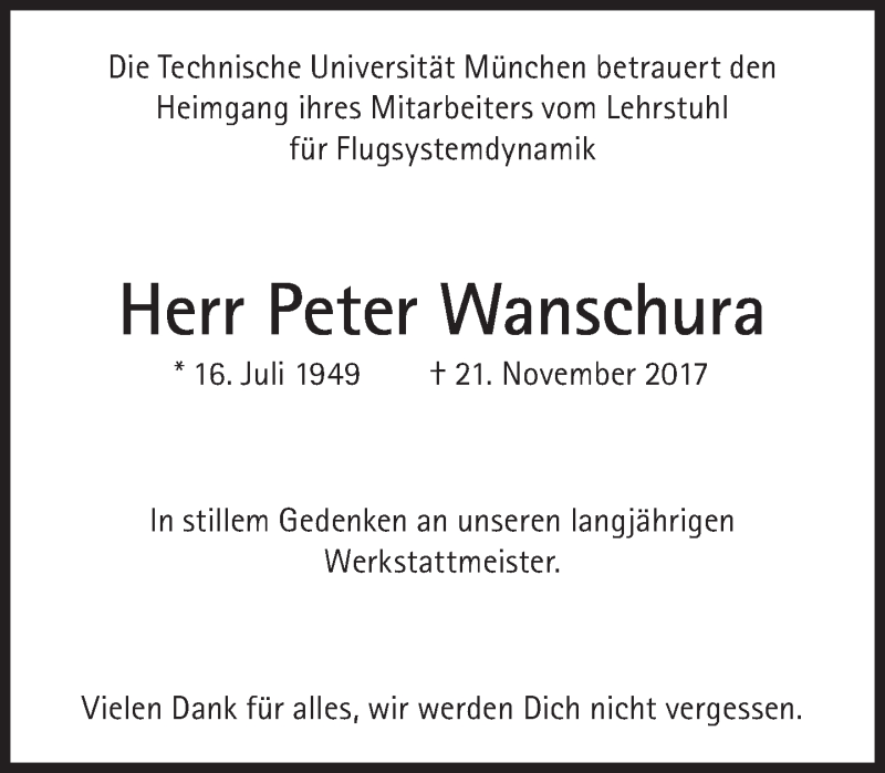  Traueranzeige für Peter Wanschura vom 25.11.2017 aus Süddeutsche Zeitung
