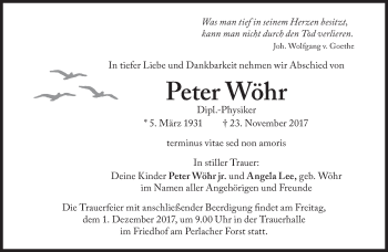 Traueranzeige von Peter Wöhr von Süddeutsche Zeitung
