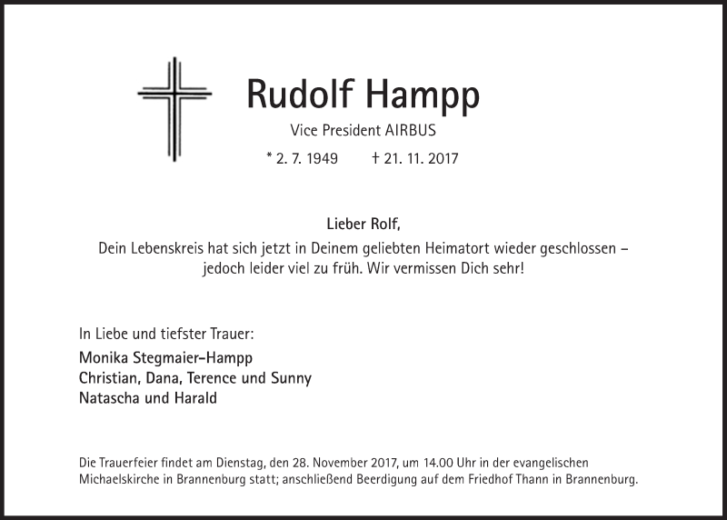  Traueranzeige für Rudolf Hampp vom 25.11.2017 aus Süddeutsche Zeitung