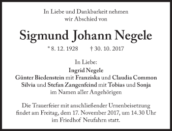Traueranzeige von Sigmund Johann Negele von Süddeutsche Zeitung