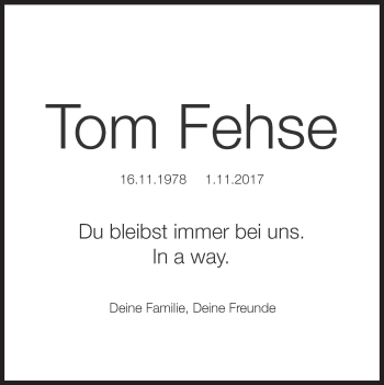Traueranzeige von Tom Fehse von Süddeutsche Zeitung
