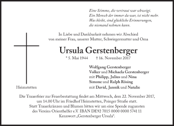Traueranzeige von Ursula Gerstenberger von Süddeutsche Zeitung