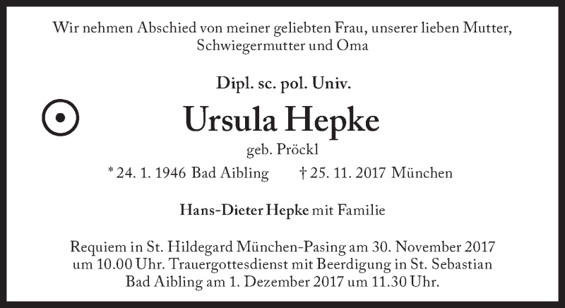  Traueranzeige für Ursula Hepke vom 29.11.2017 aus Süddeutsche Zeitung