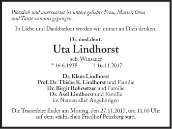 Traueranzeige von Uta Lindhorst von Süddeutsche Zeitung