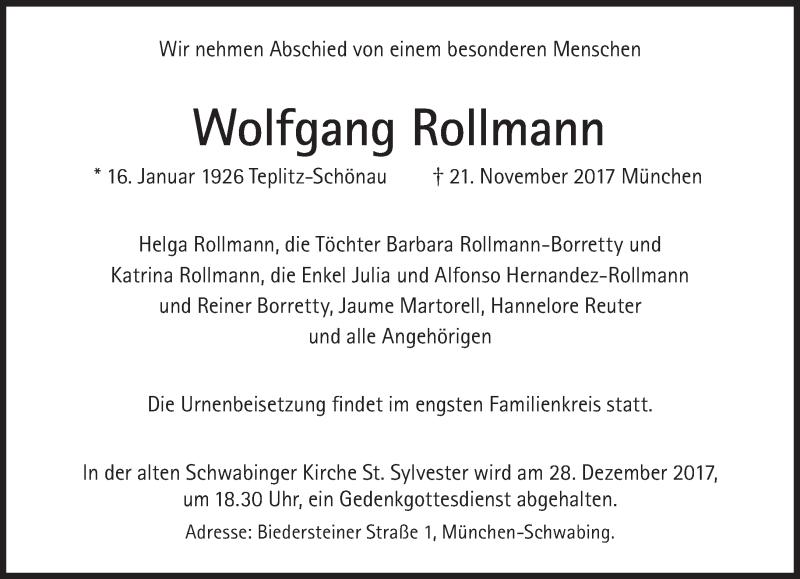  Traueranzeige für Wolfgang Rollmann vom 25.11.2017 aus Süddeutsche Zeitung
