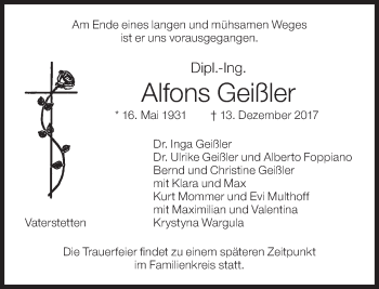 Traueranzeige von Alfons Geißler von Süddeutsche Zeitung