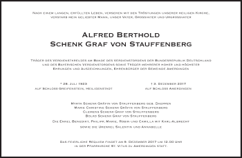 Traueranzeige von Alfred Berthold  Schenk Graf von Stauffenberg von Süddeutsche Zeitung