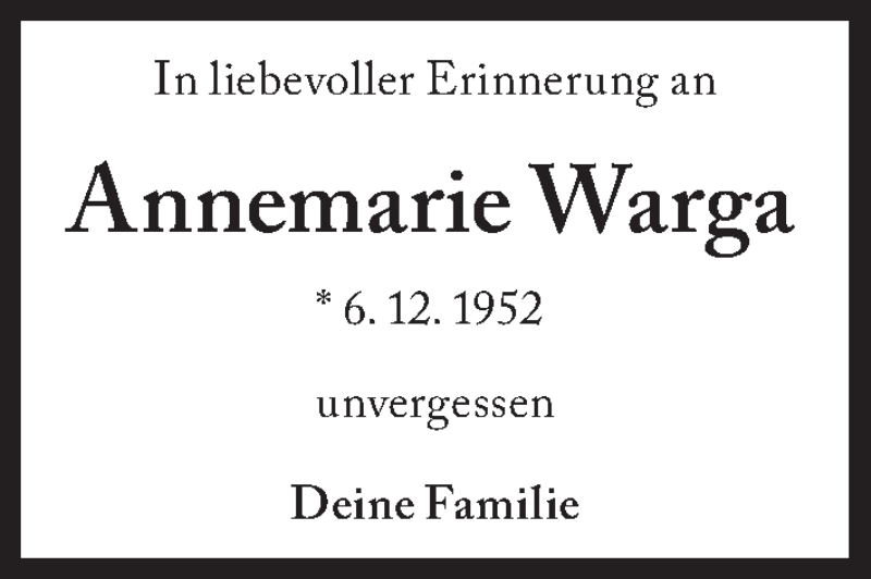  Traueranzeige für Annemarie Warga vom 06.12.2017 aus Süddeutsche Zeitung