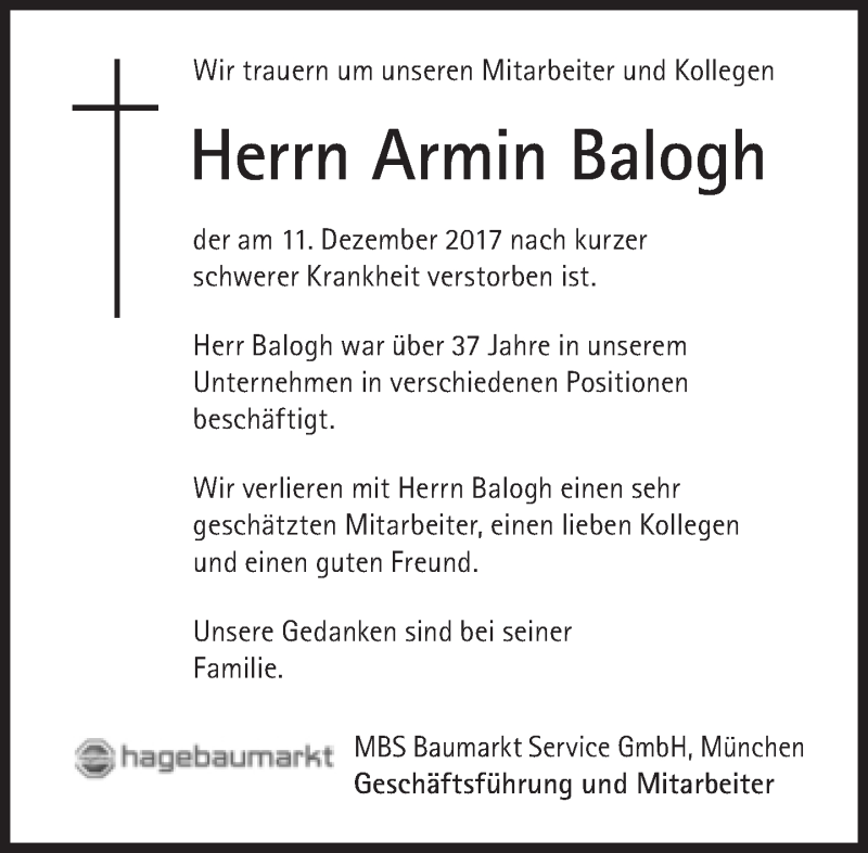  Traueranzeige für Armin Balogh vom 16.12.2017 aus Süddeutsche Zeitung