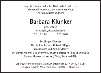 Traueranzeige von Barbara Klunker von Süddeutsche Zeitung