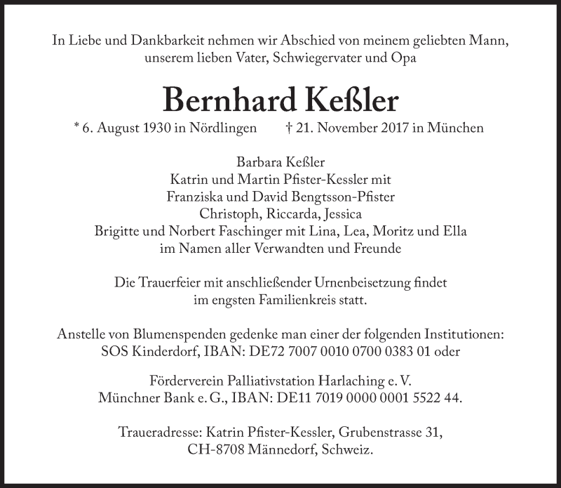  Traueranzeige für Bernhard Keßler vom 02.12.2017 aus Süddeutsche Zeitung